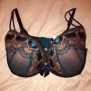 Showstopper 40DD (40E) Cacique Bra Teal/Tan Ribbon